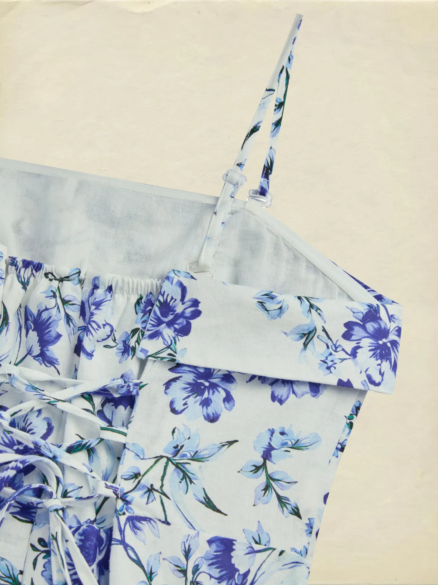 Maxi Cotton Dress, Sleeveless, Strapless, Floral, Vacation, Vintage, Blue - Blue