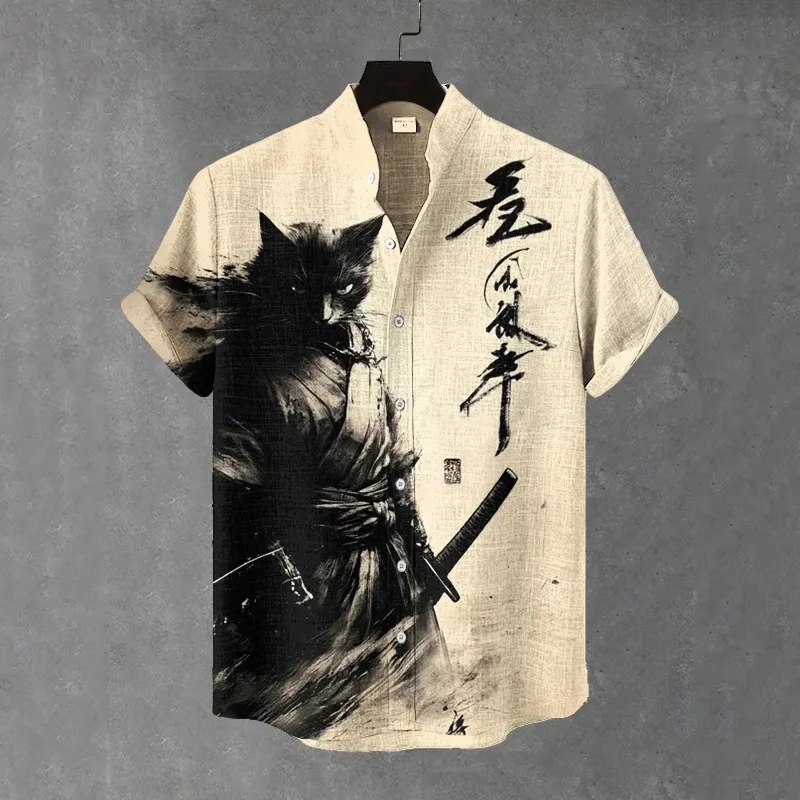 Men's Black Cat Samurai Ink Painting Art Print Short Sleeve Shirt - Khaki
