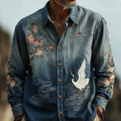 Men's Retro Japanese Cherry Blossom And Crane Art Linen Blend Shirt - Blue