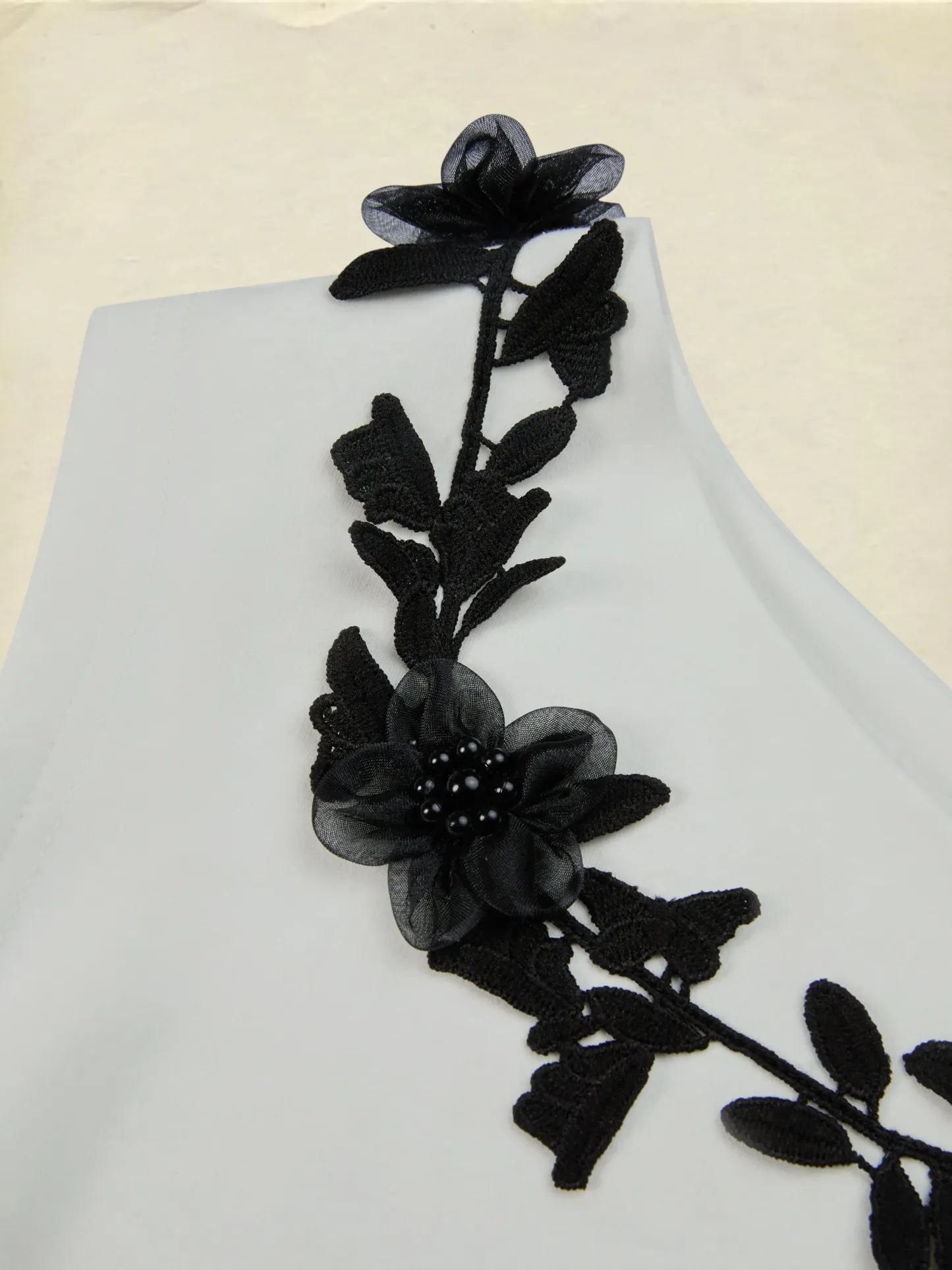 Cotton Knit Tee, Short Sleeves, Plain, 3D Floral, French Vintage, Ivory - Ivory