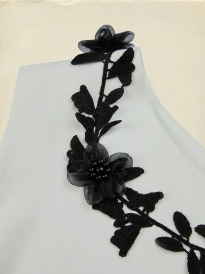 Cotton Knit Tee, Short Sleeves, Plain, 3D Floral, French Vintage, Ivory - Ivory