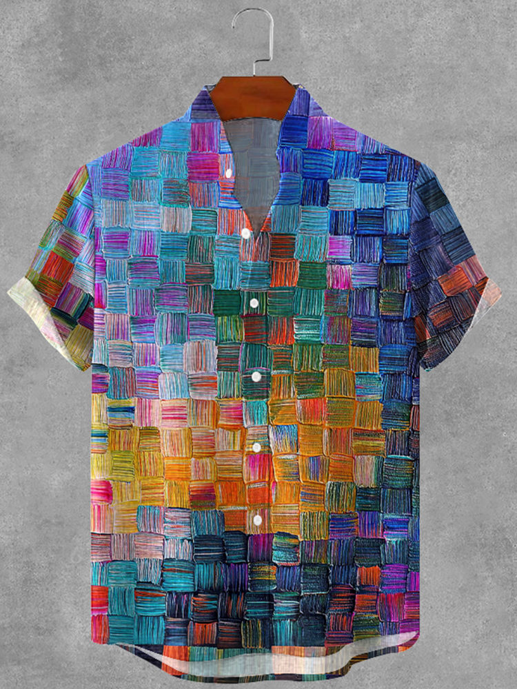 Men's Retro Colored Oil Painting Plaid Art Print Cotton And Linen Shirt - Multicolor