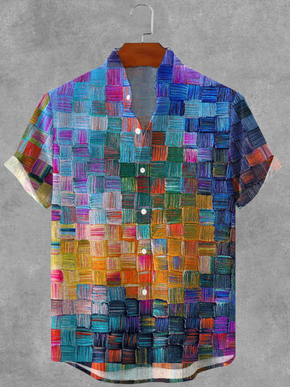 Men's Retro Colored Oil Painting Plaid Art Print Cotton And Linen Shirt - Multicolor