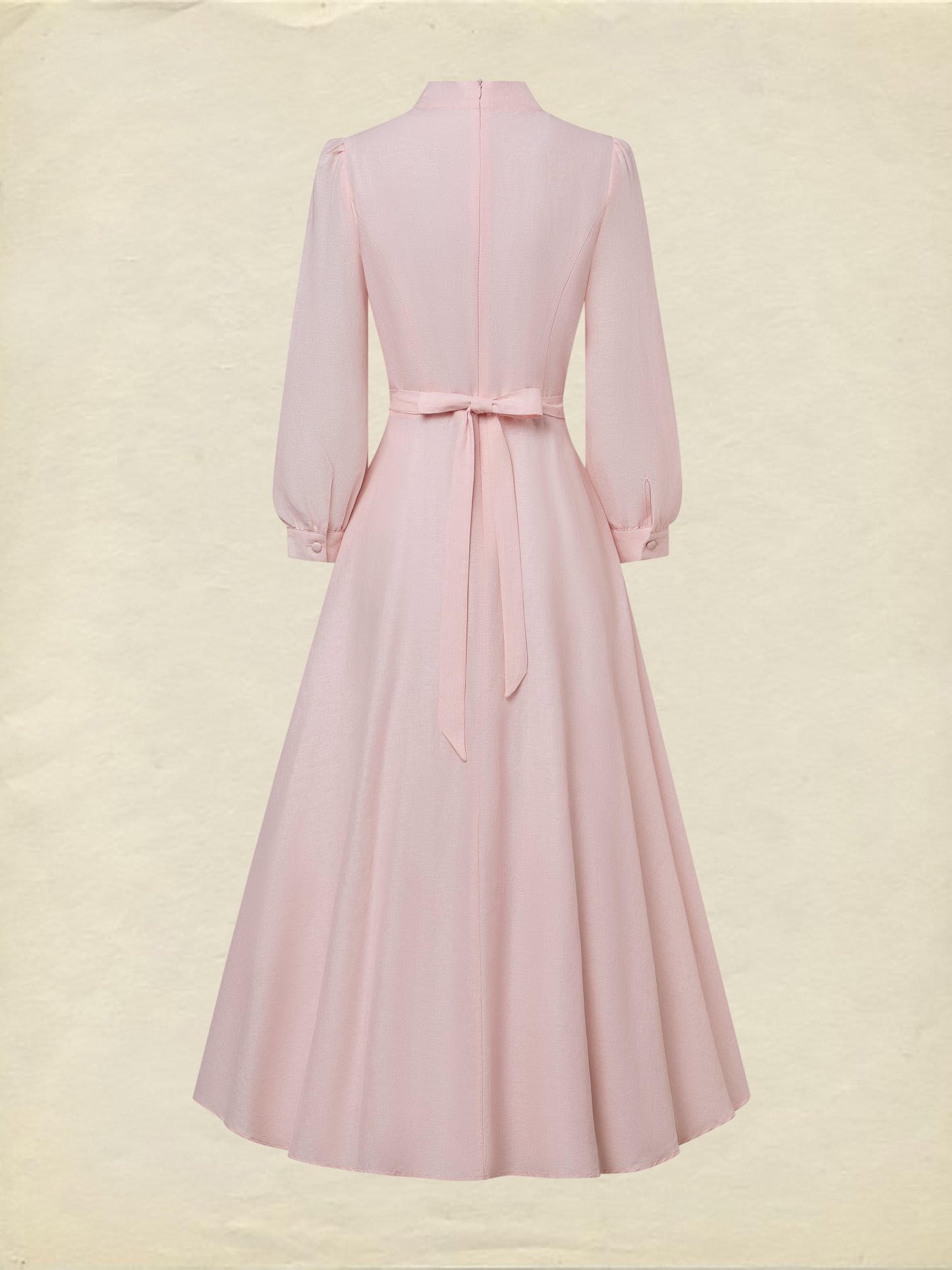 Midi Linen Dress, Half Sleeve, Plain, Lace, French Vintage, Pink - Pink