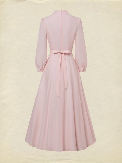 Midi Linen Dress, Half Sleeve, Plain, Lace, French Vintage, Pink - Pink