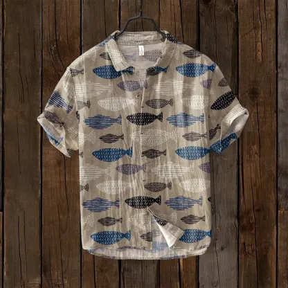 Vintage Fish Japanese Art Linen Blend Comfy Shirt - Blue