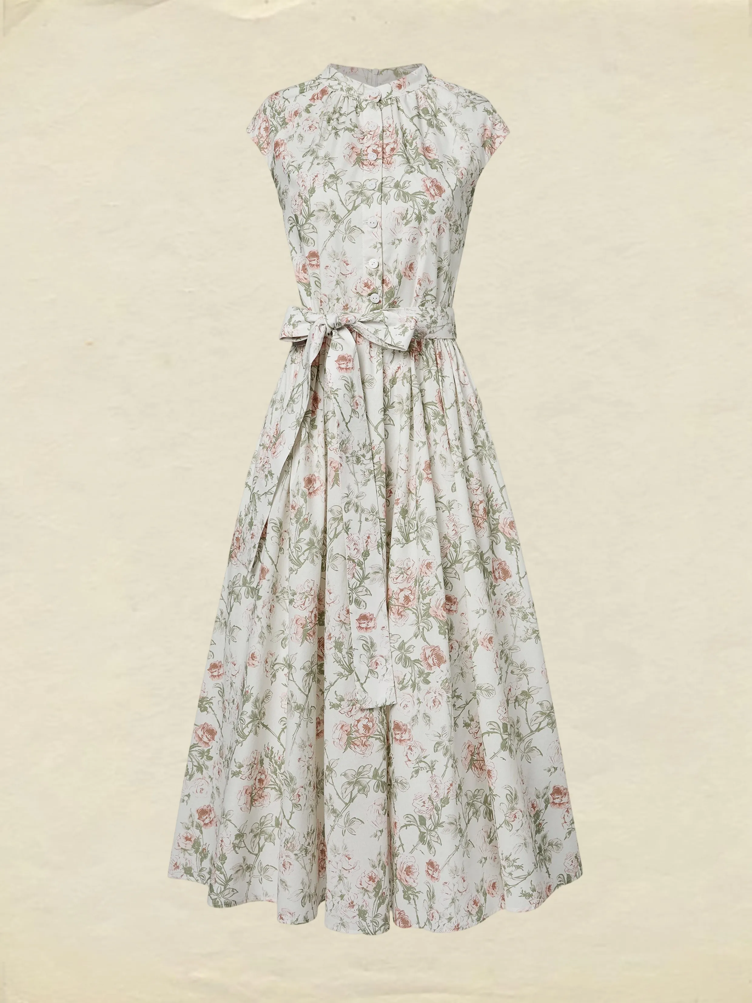 Midi Cotton Dress, Cap Sleeves, Round Neck, Floral, Belt Design, Vintage, Apricot - Apricot