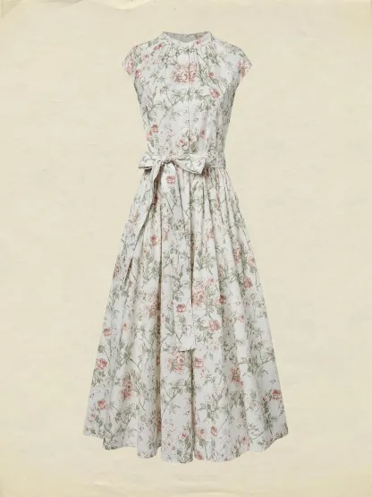 Midi Cotton Dress, Cap Sleeves, Round Neck, Floral, Belt Design, Vintage, Apricot - Apricot