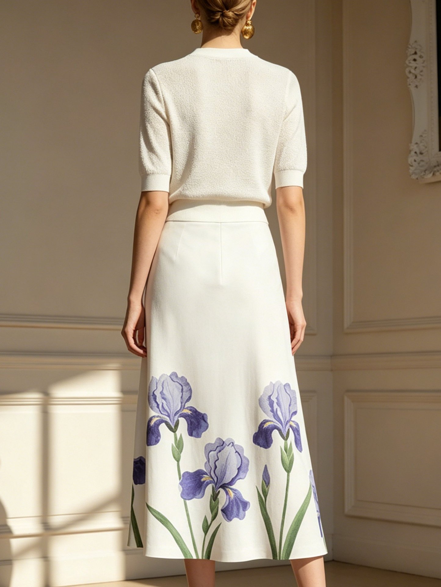 Midi Linen Skirt,  Floral, Vintage, White - White