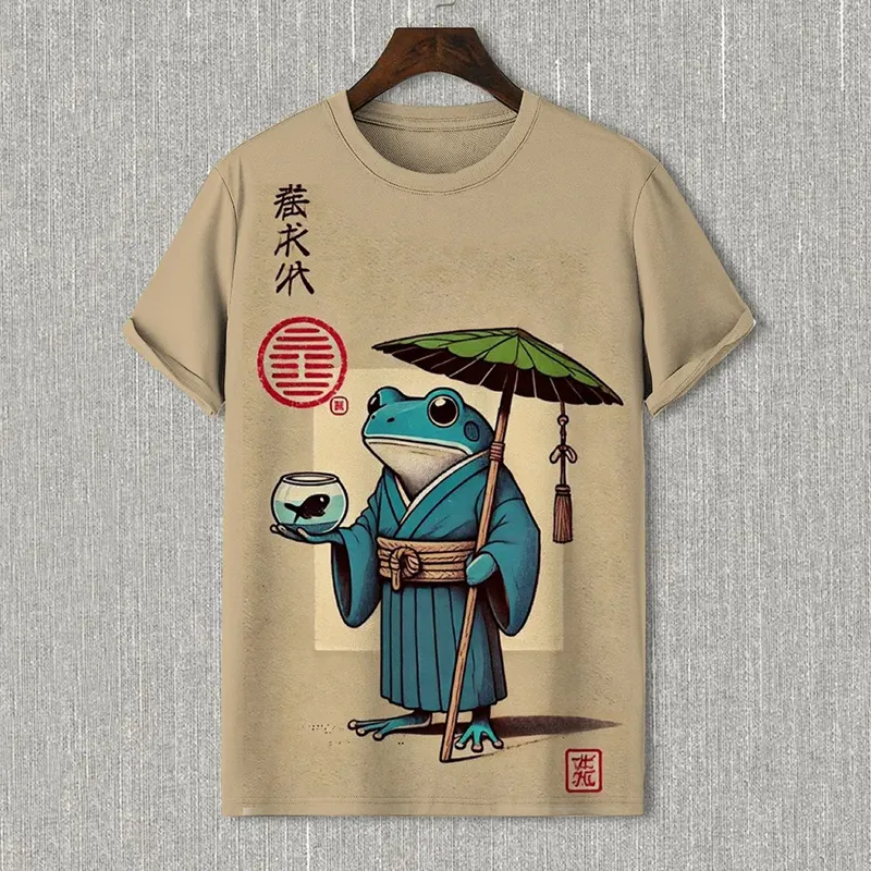 Men's Frog Taoism Japanese Art Print T-shirt - Khaki