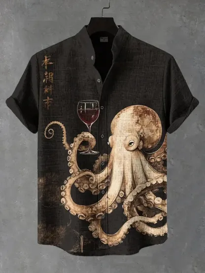 Men's Octopus Drinking Red Wine Art Print Casual Shirt - Black