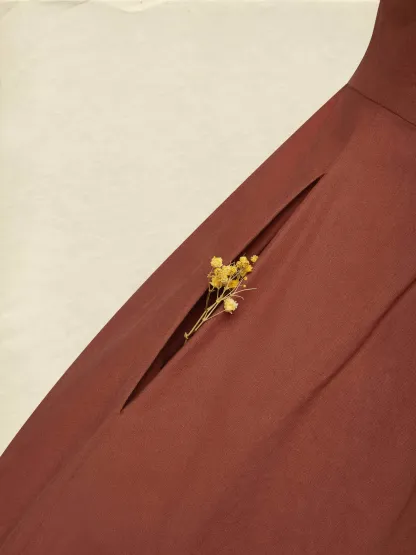 Maxi Cotton Dress, Long Sleeves, Shawl Collar, Plain, Button Design, Vintage, Brick Red - Brick Red
