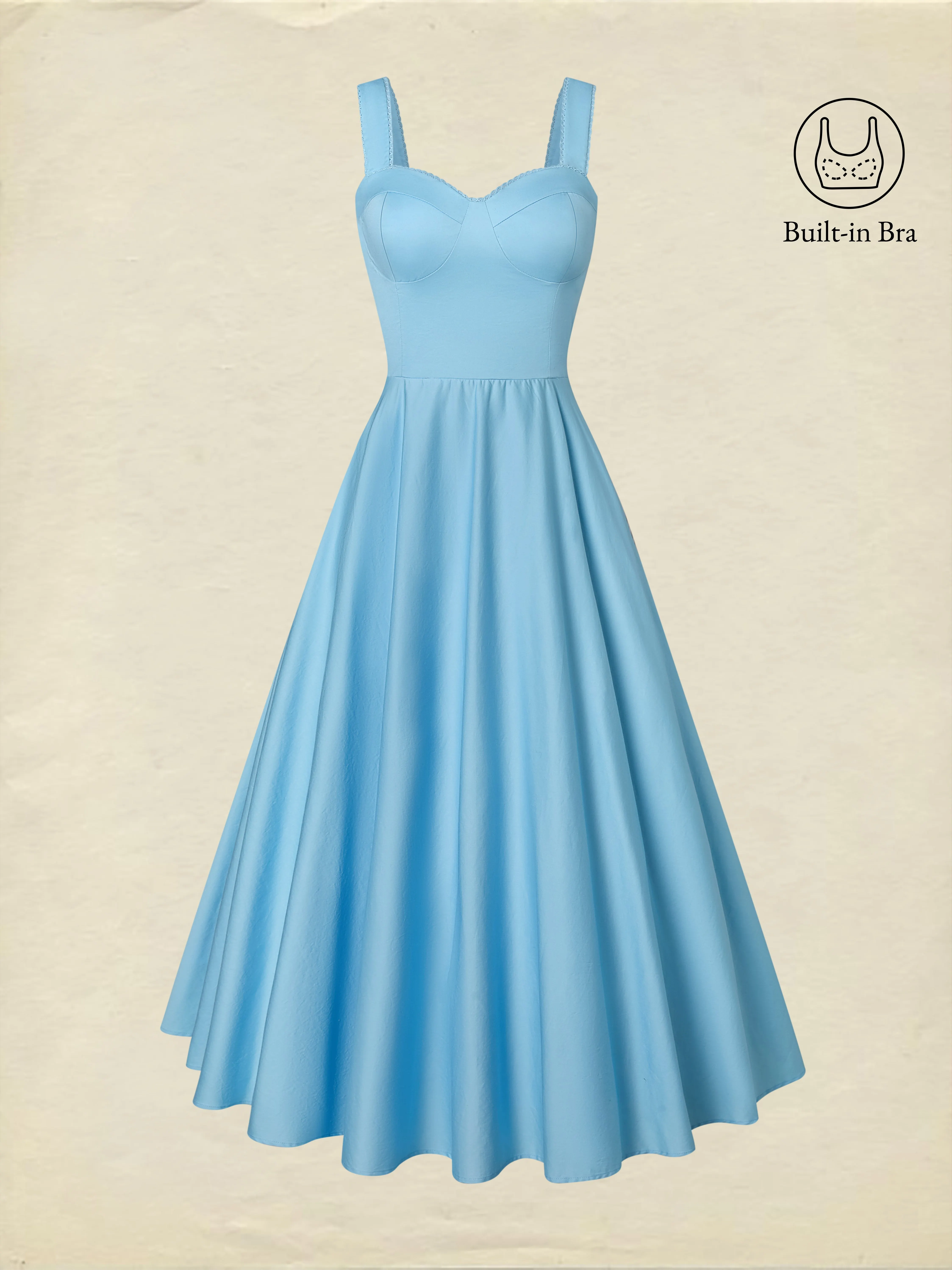 Midi Cotton Dress, Built-in Bra, Sleeveless, Sweetheart Neck, Plain, French Vintage, Blue - Blue