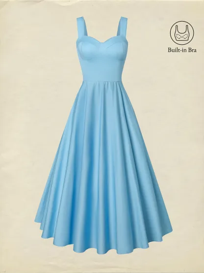 Midi Cotton Dress, Built-in Bra, Sleeveless, Sweetheart Neck, Plain, French Vintage, Blue - Blue