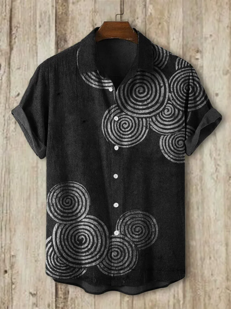 Sea Waves Ripples Japanese Lino Art Shirt - Black