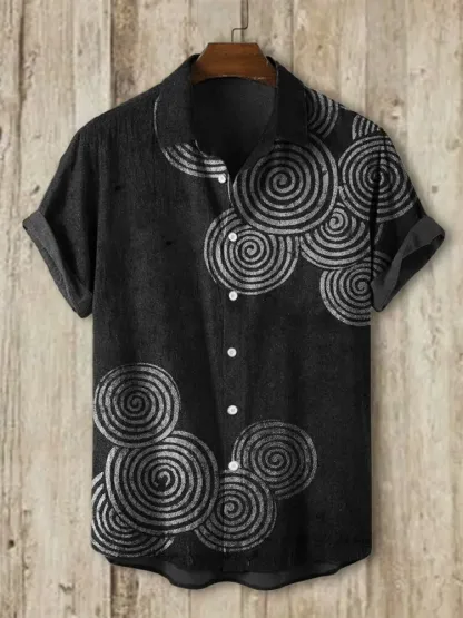 Sea Waves Ripples Japanese Lino Art Shirt - Black