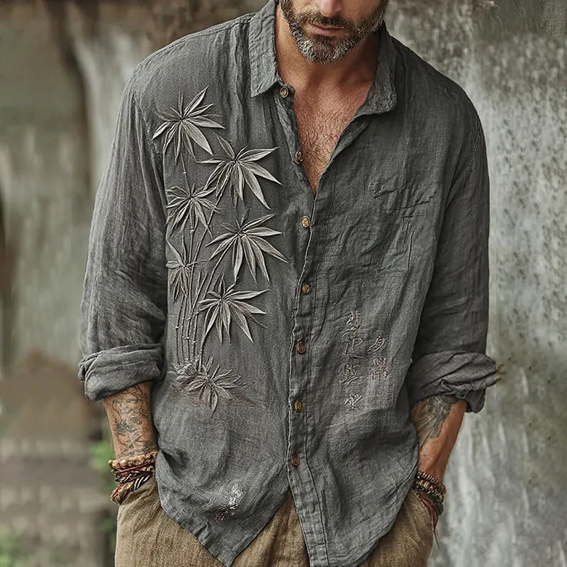 Men's Vintage Japanese Bamboo Embroidery Art Long Sleeve Linen Blend Shirt - Grey