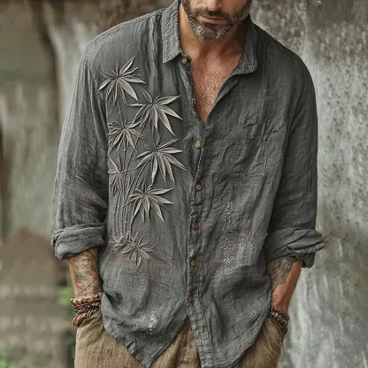 Men's Vintage Japanese Bamboo Embroidery Art Long Sleeve Linen Blend Shirt - Grey