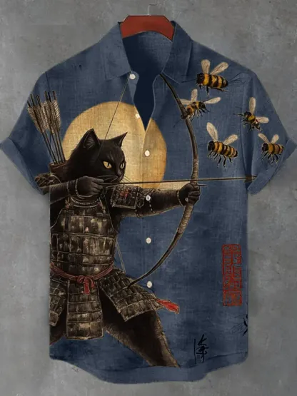 Men's Black Cat Tribal Warrior Japanese Kyudo Print Short Sleeve Shirt - Beige