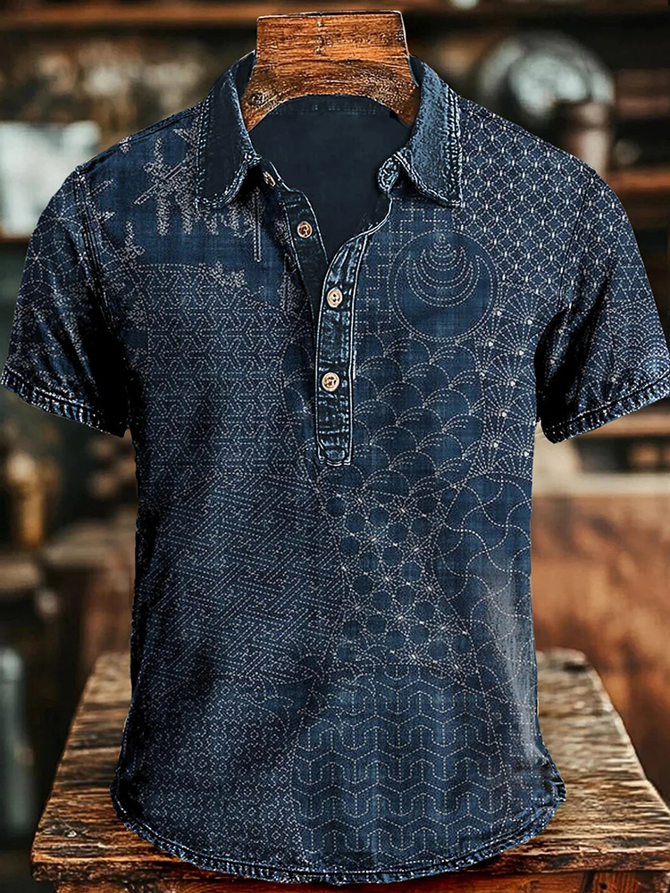Men's Vintage Traditional Japanese Sashiko Art Polo Shirt - Navy blue