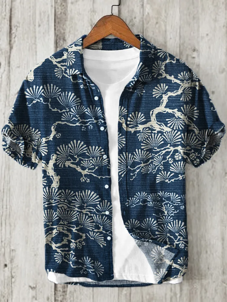 Pine Trees Japanese Lino Art Pattern Linen Blend Shirt - Blue