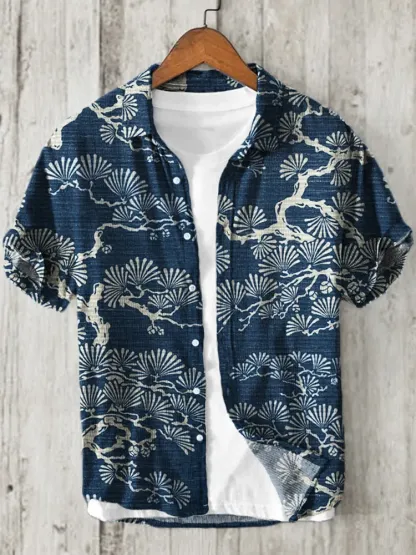Pine Trees Japanese Lino Art Pattern Linen Blend Shirt - Blue