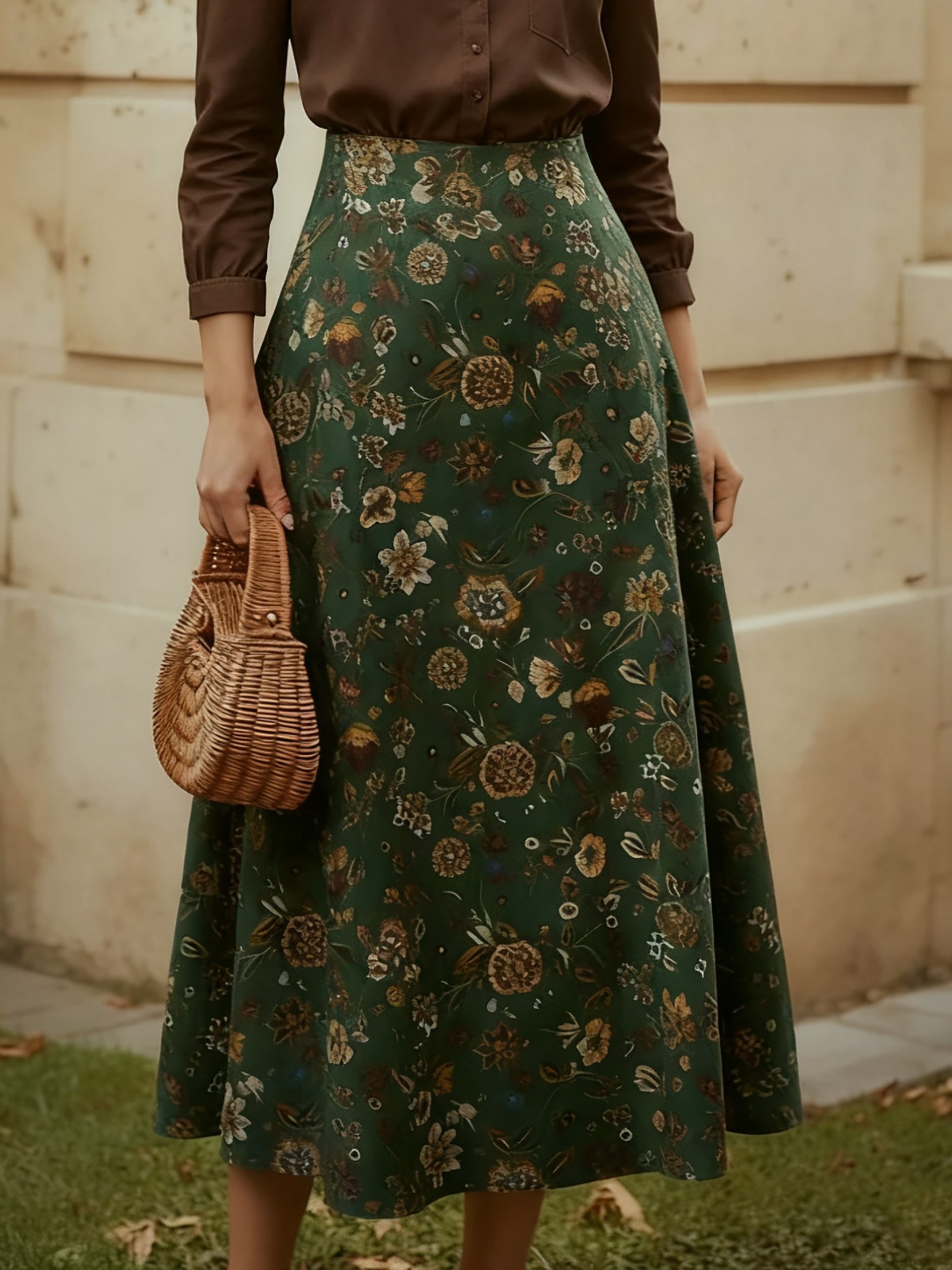 Midi Linen Skirt, loral, Pocket Design, Vintage, Green - Green