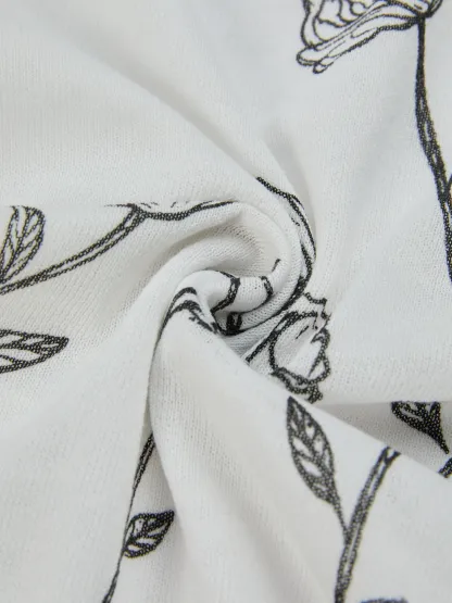 Sweater, Short Sleeves, Shawl Collar, Floral, Button Design, Inner Vest Not Included, White - White