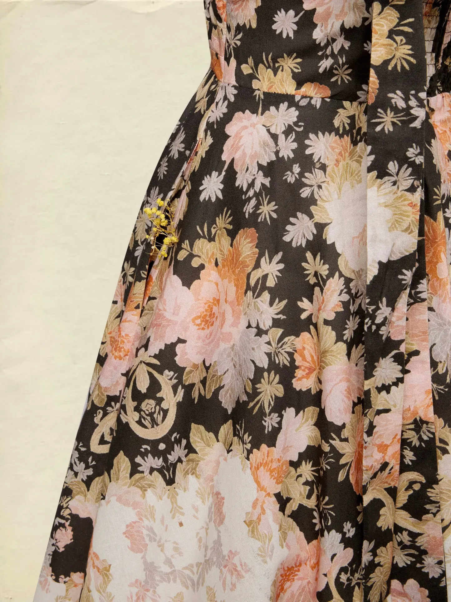 Midi Cotton Dress, Sleeveless, Sweetheart Neck, Floral, Suspenders, Vacation, Vintage, Apricot - Apricot