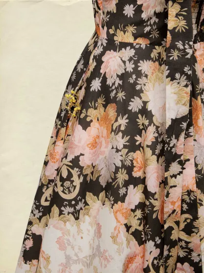 Midi Cotton Dress, Sleeveless, Sweetheart Neck, Floral, Suspenders, Vacation, Vintage, Apricot - Apricot