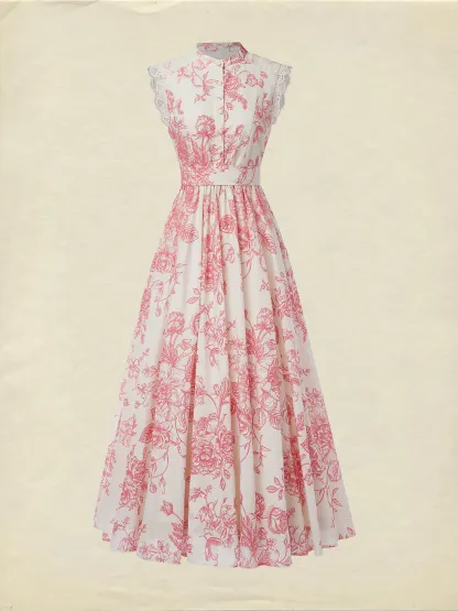 (SIZE:XS-XXL) Maxi Linen Dress , Cap Sleeves, Stand Collar, Floral, Lace, Vintage, Apricot - Apricot