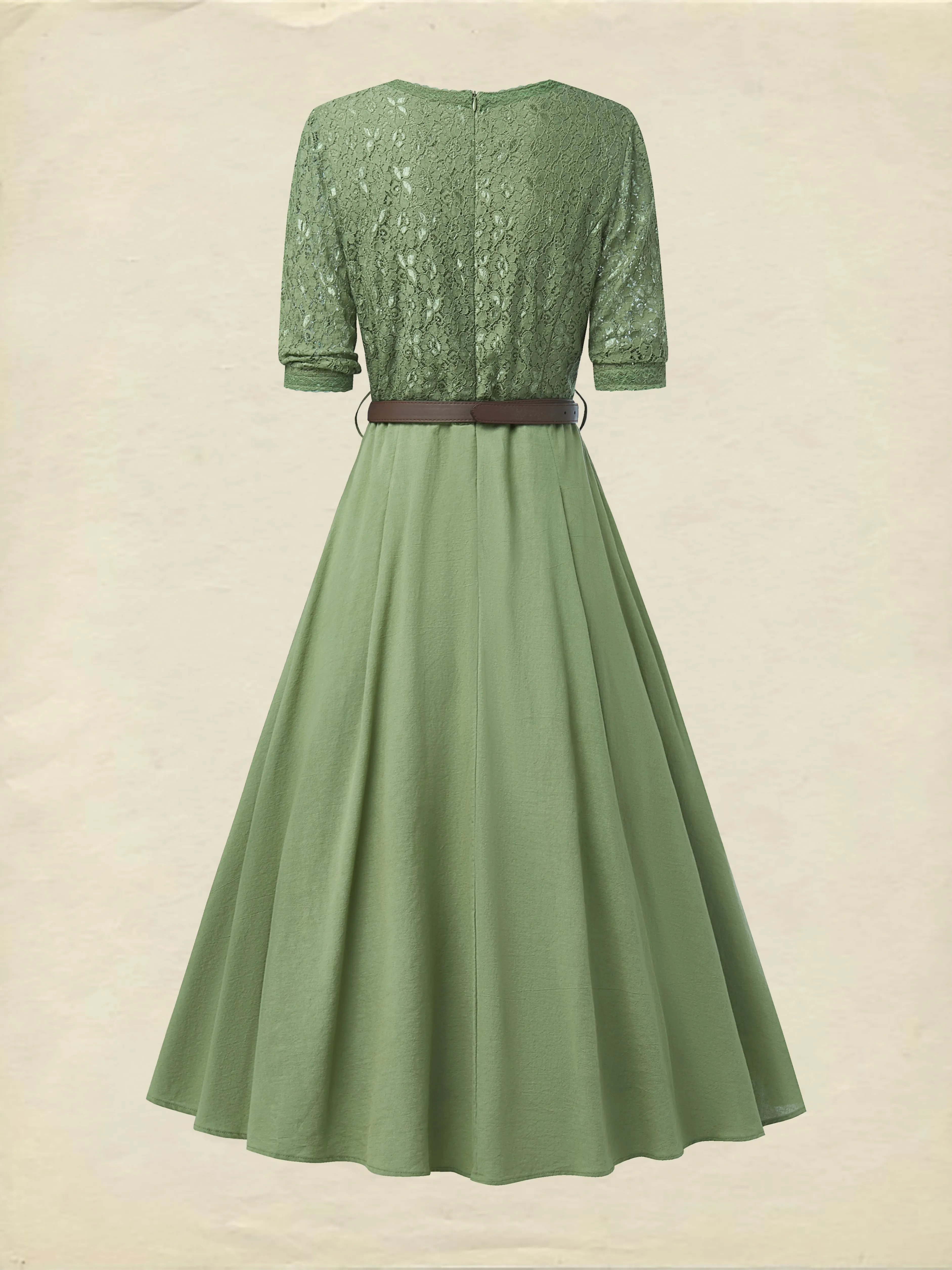 Midi Linen Dress , Half Sleeve, V Neck, Plain, Lace, Vintage, Army Green - Army Green