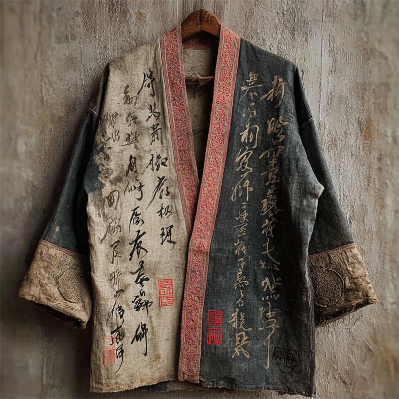 Japanese Calligraphy Art Contrast Linen Kimono - Gray beige