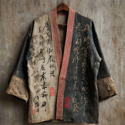 Japanese Calligraphy Art Contrast Linen Kimono - Gray beige