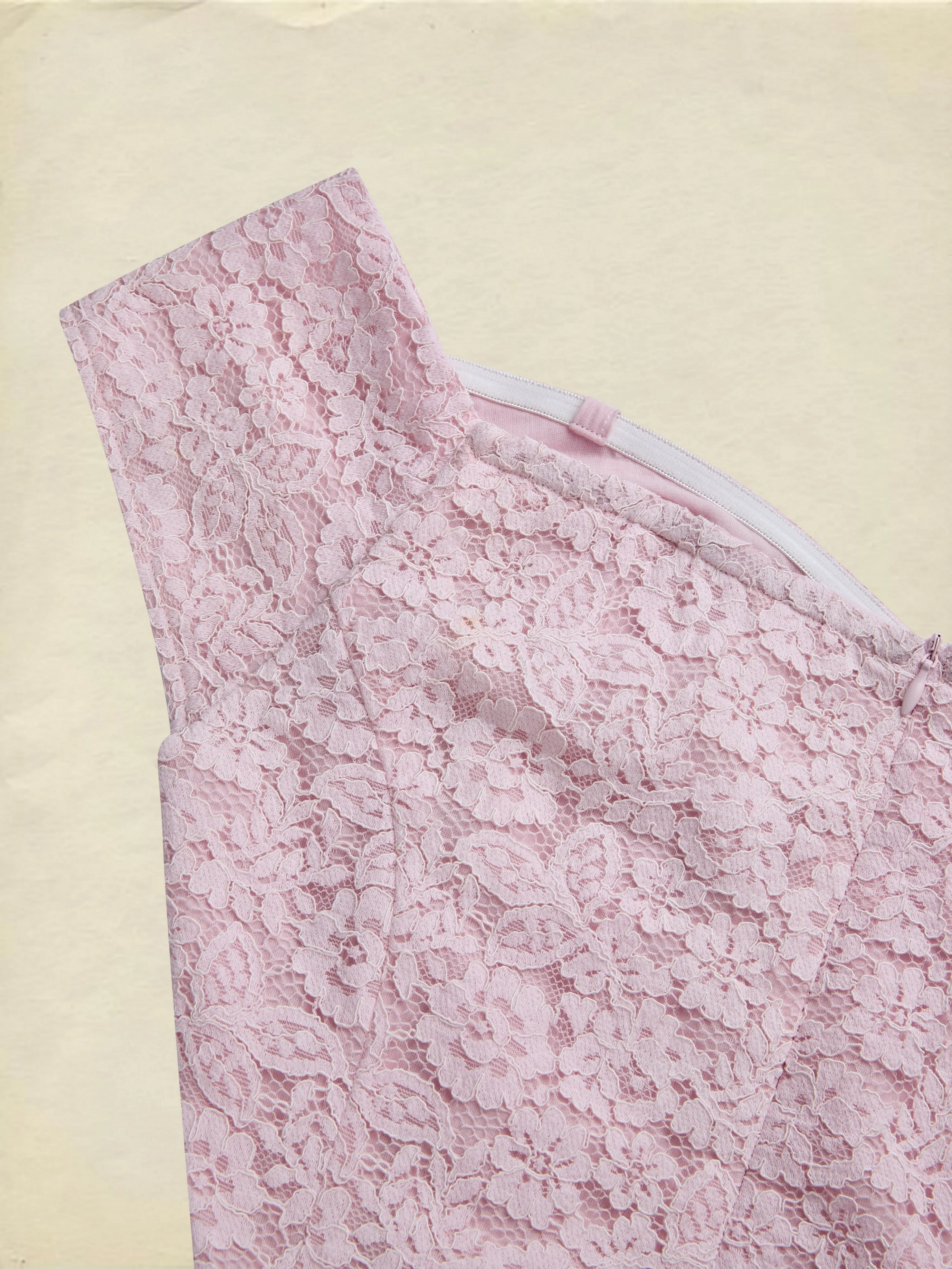 Midi Cotton Dress, Sleeveless, Off The Shoulder, Plain, Lace, French Vintage, Pink - Pink