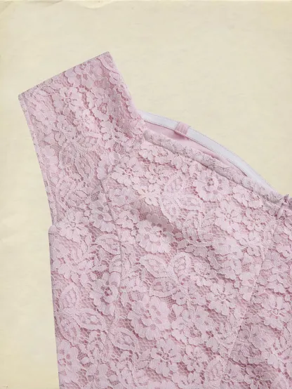Midi Cotton Dress, Sleeveless, Off The Shoulder, Plain, Lace, French Vintage, Pink - Pink
