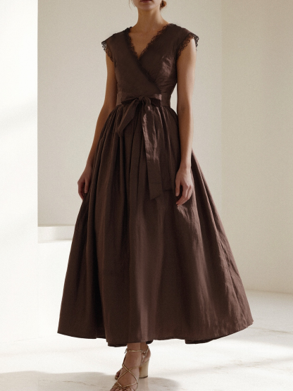 Linen Maxi Dress, Short Sleeve, Lace Collar, Plain, Vintage, CAMEO BROWN - CAMEO BROWN