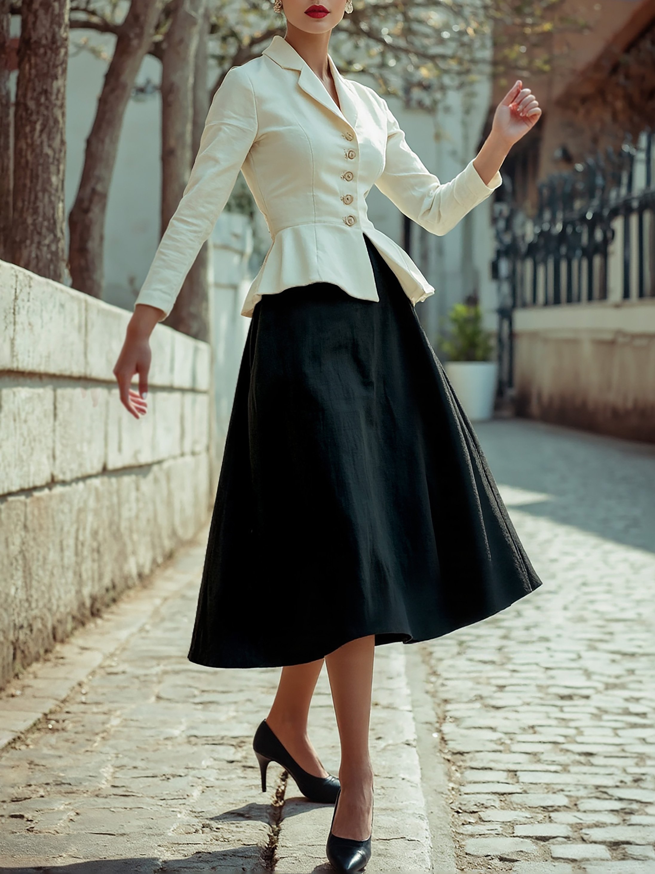Midi Linen Skirt Set, Long Sleeves, Lapel Collar, Plain, Button Design, Vintage, White - White