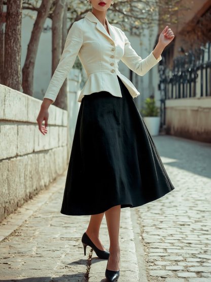 Midi Linen Skirt Set, Long Sleeves, Lapel Collar, Plain, Button Design, Vintage, White - White