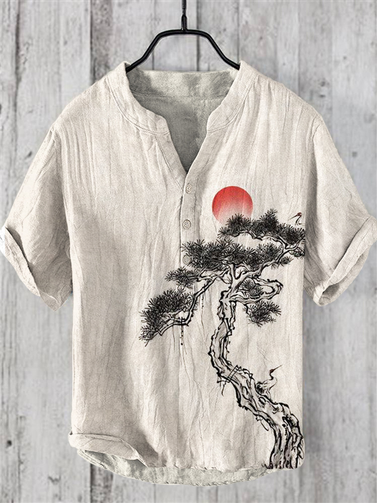 Ink and Pine Japanese Art Print Linen Shirt - Beige