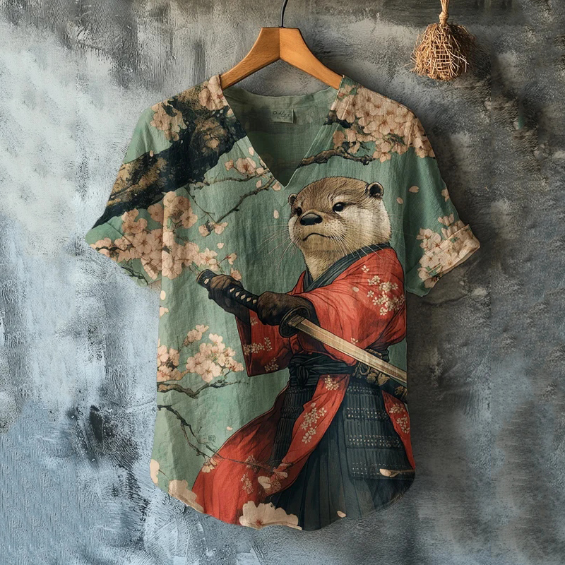 Men's Otter Warrior Training Art Print V-neck T-shirt - Green