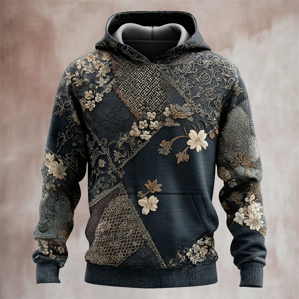 Japanese Floral Patchwork Art Men's Hooded Sweatshirt - Grey