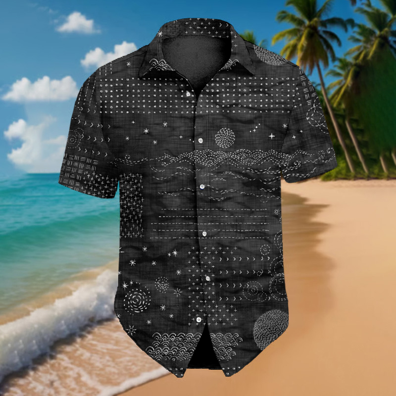 Men's Japanese Traditional Sashiko Art Beach Linen Shirt - Black