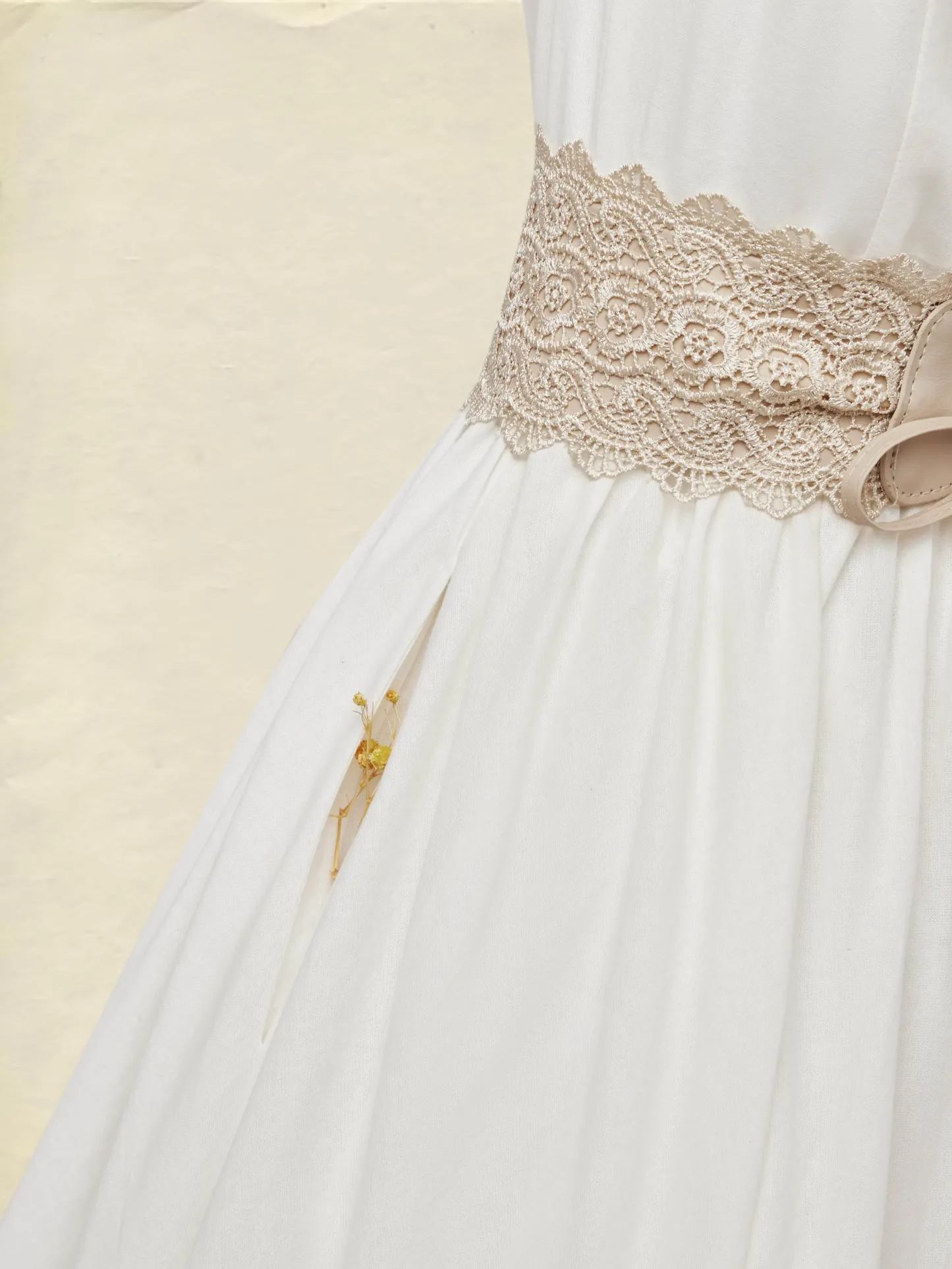 Maxi Linen Dress , Cap Sleeves, V Neck, Plain, Lace, Vintage, White - White