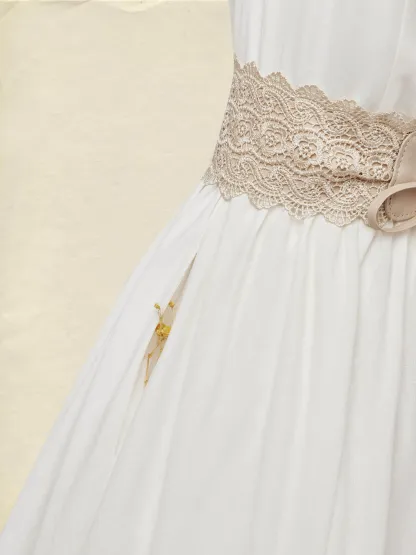 Maxi Linen Dress , Cap Sleeves, V Neck, Plain, Lace, Vintage, White - White