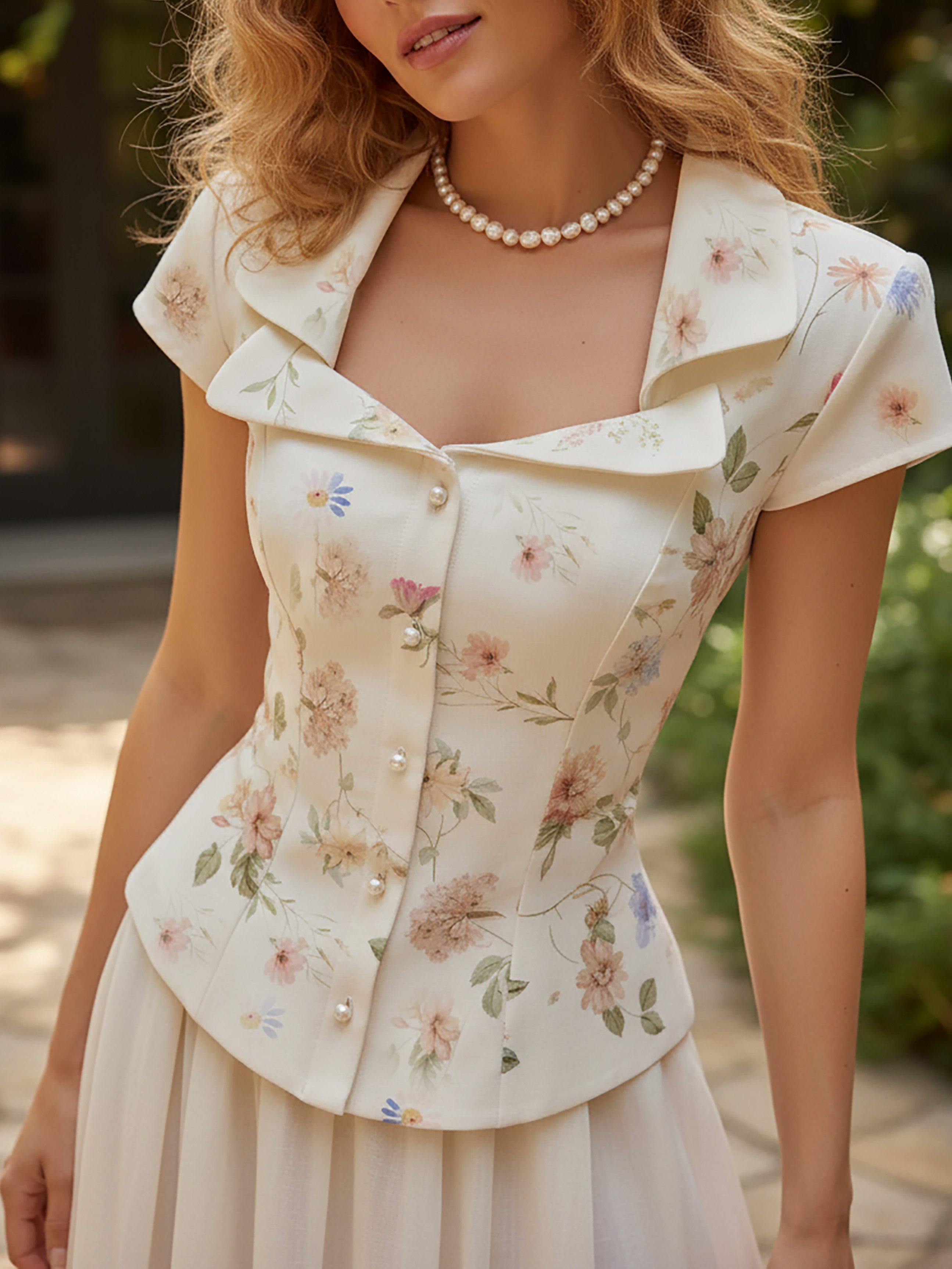 Linen Shirt, Short Sleeves, Shawl Collar, Floral, Button Design, Vintage, Creme light - Creme light