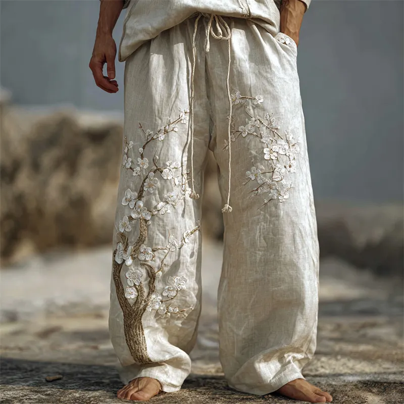Men's White Almond Blossom Embroidered Flowy Wide Leg Linen Pants - Beige