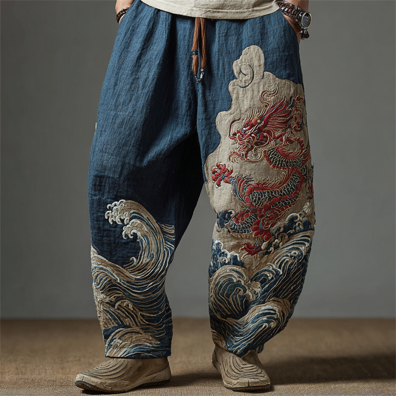 Men's Japanese Dragon Sea Waves Embroidered Wide Leg Linen Pants - Blue