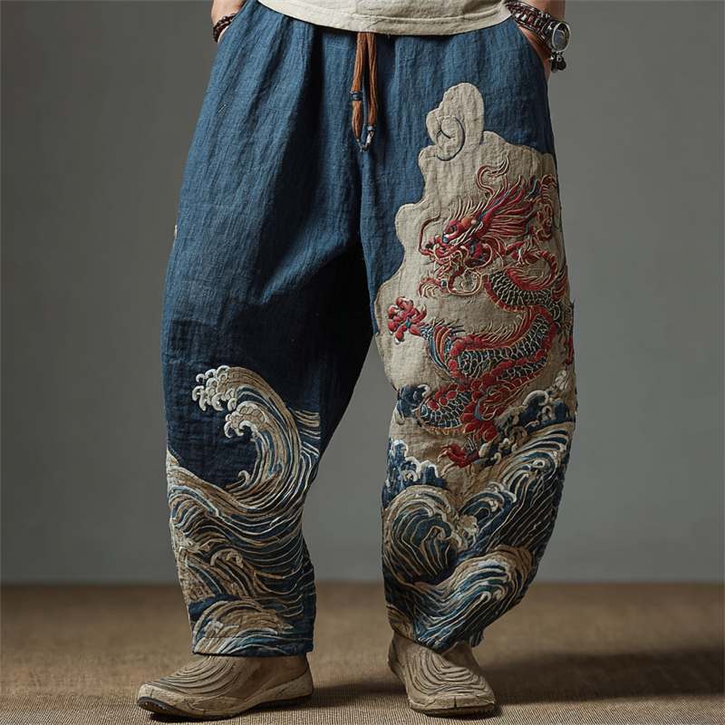 Men's Japanese Dragon Sea Waves Embroidered Wide Leg Linen Pants - Blue