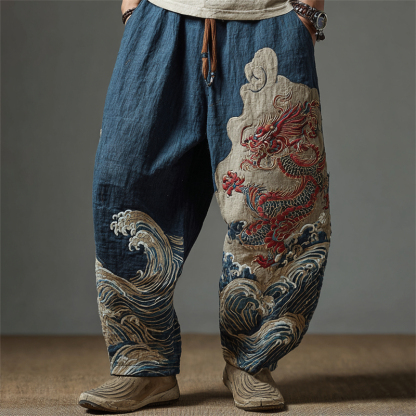 Men's Japanese Dragon Sea Waves Embroidered Wide Leg Linen Pants - Blue